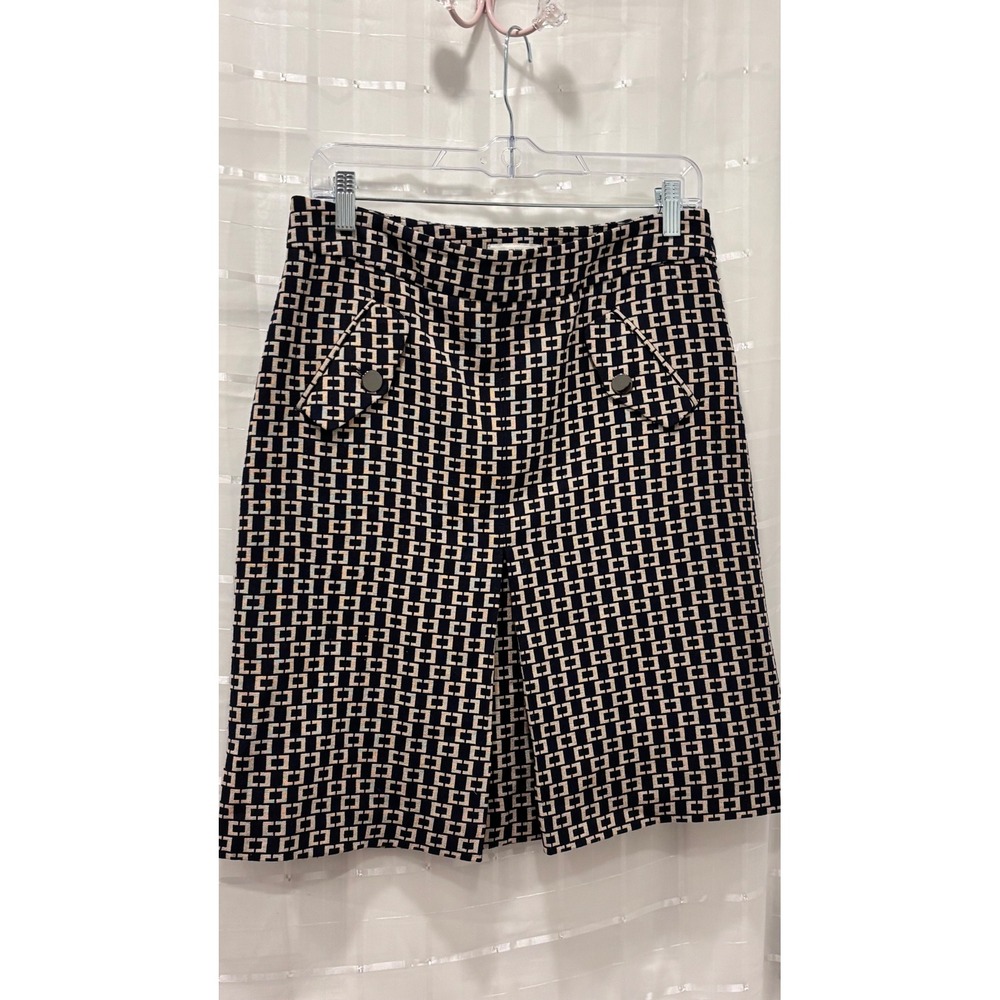 Ann Taylor LOFT Navy Cream Geometric Square Print Jacquard A-Line Skirt Size 6